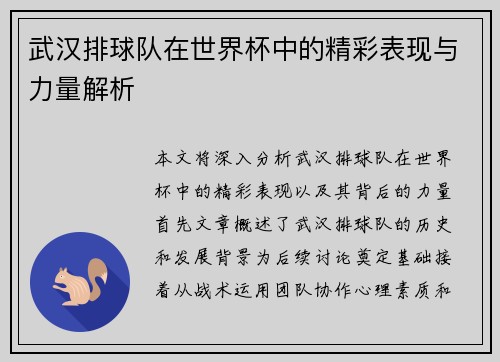 武汉排球队在世界杯中的精彩表现与力量解析