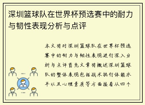 深圳篮球队在世界杯预选赛中的耐力与韧性表现分析与点评